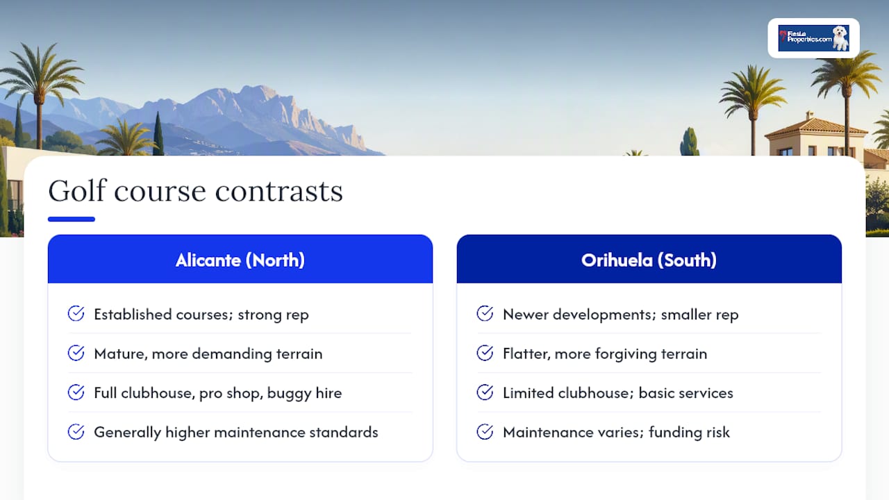 Comparison chart of Costa Blanca golf courses features and maintenance