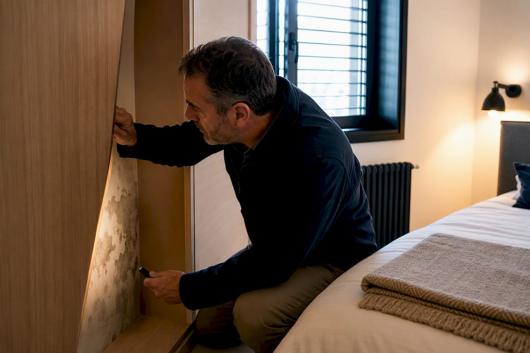 Inspector checking damp wall behind wardrobe