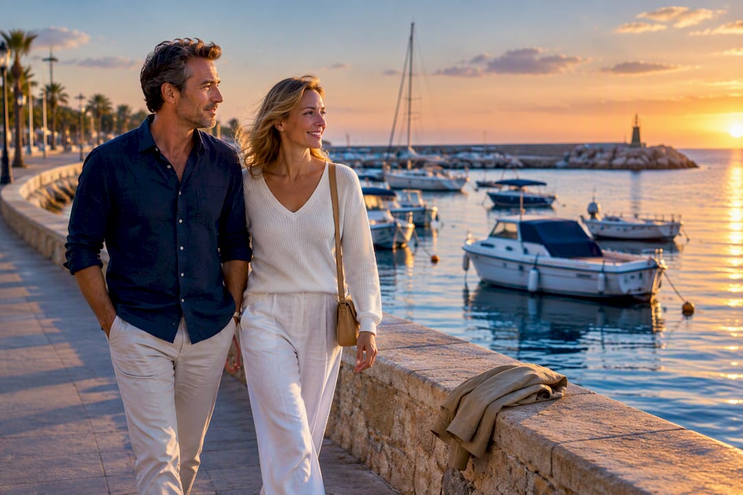 Couple watching boats at Cabo Roig marina