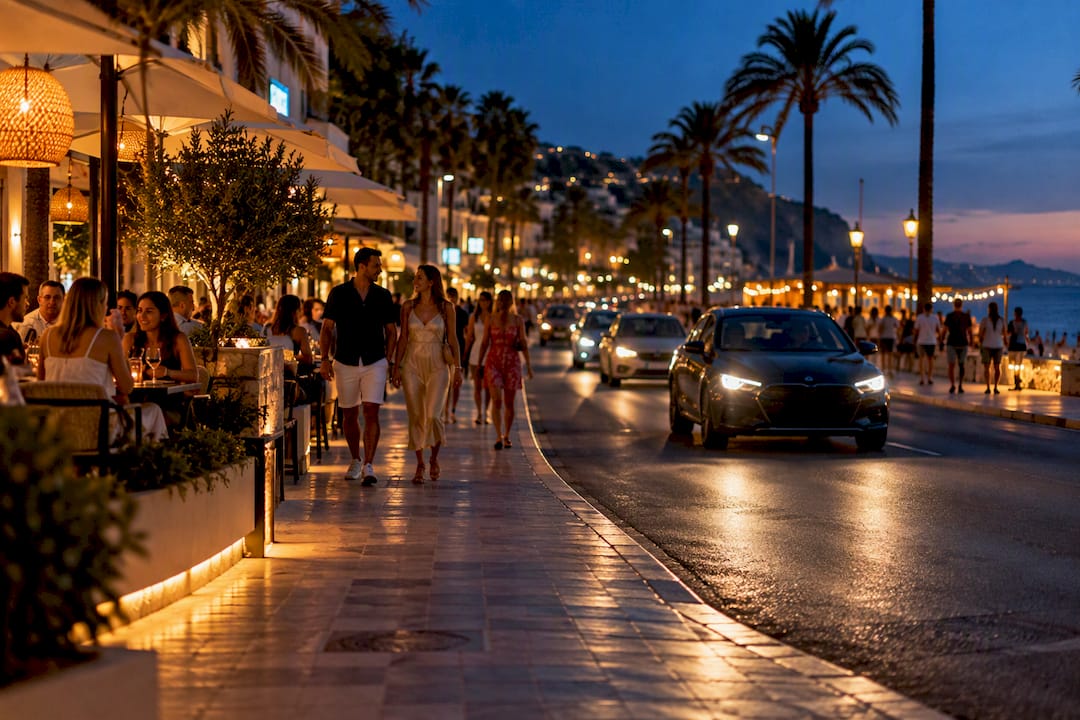 Summer resort street with traffic and nightlife