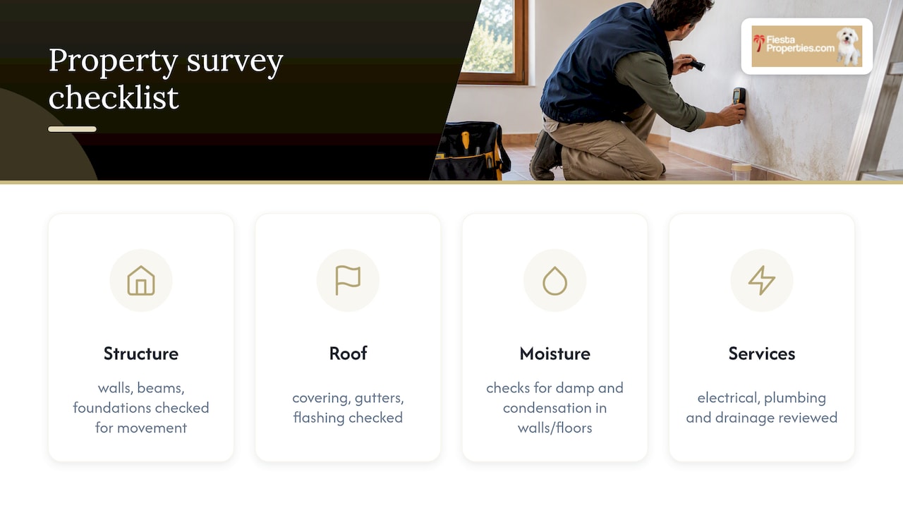 What a property survey in Spain inspects — overview diagram